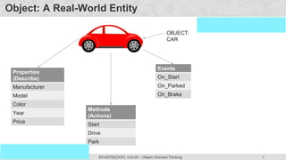 9
Prof. Swati R Sharma #3140705(OOP) Unit 05 – Object Oriented Thinking
OOP Java is the easiest, scoring and my favorite subject
Object: A Real-World Entity
Properties
(Describe)
Manufacturer
Model
Color
Year
Price
Methods
(Actions)
Start
Drive
Park
Events
On_Start
On_Parked
On_Brake
OBJECT:
CAR
 