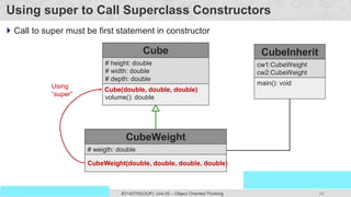 66
Prof. Swati R Sharma
OOP Java is the easiest, scoring and my favorite subject
#3140705(OOP) Unit 05 – Object Oriented Thinking
Using super to Call Superclass Constructors
 Call to super must be first statement in constructor
Cube
# height: double
# width: double
# depth: double
volume(): double
CubeWeight
# weigth: double
CubeInherit
cw1:CubeWeight
cw2:CubeWeight
main(): void
Using
“super”
Cube(double, double, double)
CubeWeight(double, double, double, double)
 