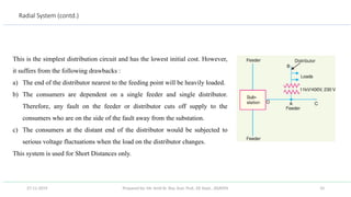 Prepared by: Mr. Amit Kr. Roy, Asst. Prof., EE Dept., JSSATEN 10
Radial System (contd.)
This is the simplest distribution circuit and has the lowest initial cost. However,
it suffers from the following drawbacks :
a) The end of the distributor nearest to the feeding point will be heavily loaded.
b) The consumers are dependent on a single feeder and single distributor.
Therefore, any fault on the feeder or distributor cuts off supply to the
consumers who are on the side of the fault away from the substation.
c) The consumers at the distant end of the distributor would be subjected to
serious voltage fluctuations when the load on the distributor changes.
This system is used for Short Distances only.
27-11-2019
 