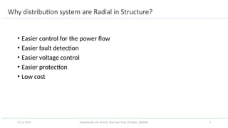 Prepared by: Mr. Amit Kr. Roy, Asst. Prof., EE Dept., JSSATEN 3
Why distribution system are Radial in Structure?
• Easier control for the power flow
• Easier fault detection
• Easier voltage control
• Easier protection
• Low cost
27-11-2019
 