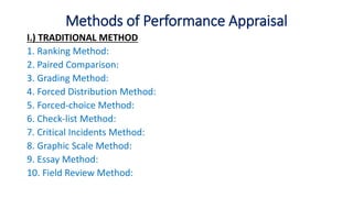 Methods of Performance Appraisal
I.) TRADITIONAL METHOD
1. Ranking Method:
2. Paired Comparison:
3. Grading Method:
4. Forced Distribution Method:
5. Forced-choice Method:
6. Check-list Method:
7. Critical Incidents Method:
8. Graphic Scale Method:
9. Essay Method:
10. Field Review Method:
 