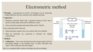 Principle – measurement of activity of hydrogen ion by measuring
voltage difference between reference and standard electrode.
Apparatus-
1. Reference electrode filled with a saturated solution of KCl and a
porous ceramic plug which allows diffusion of ions.
2. Glass electrode (standard electrode) filled with 0.1M HCl
It has a thin glass bulb at the end.
3. Both electrodes contain silver wire coated with silver chloride
4. Both the electrodes are connected to voltmeter for voltage
measurement
Method-
1. Calibration – remove the electrode from the storage liquid (used for
preventing damage to the hydrated layer of glass electrode) and
wipe it with a clean and soft tissue paper.
Dip it in a standard buffer solution and adjust the pH accordingly.
Electrometric method
V
 