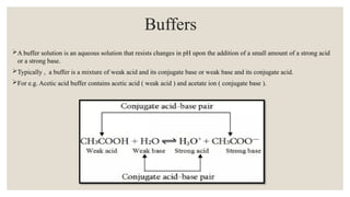 Buffers
A buffer solution is an aqueous solution that resists changes in pH upon the addition of a small amount of a strong acid
or a strong base.
Typically , a buffer is a mixture of weak acid and its conjugate base or weak base and its conjugate acid.
For e.g. Acetic acid buffer contains acetic acid ( weak acid ) and acetate ion ( conjugate base ).
 