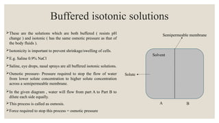 Buffered isotonic solutions
These are the solutions which are both buffered ( resists pH
change ) and isotonic ( has the same osmotic pressure as that of
the body fluids ).
Isotonicity is important to prevent shrinkage/swelling of cells.
E.g. Saline 0.9% NaCl
Saline, eye drops, nasal sprays are all buffered isotonic solutions.
Osmotic pressure- Pressure required to stop the flow of water
from lower solute concentration to higher solute concentration
across a semipermeable membrane.
In the given diagram , water will flow from part A to Part B to
dilute each side equally.
This process is called as osmosis.
Force required to stop this process = osmotic pressure
Semipermeable membrane
Solute
B
Solvent
A
 