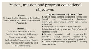 Vision, mission and program educational
objectives
Vision –
To Impart Quality Education to the Students
and Mold them into Proactive Multifaceted
Pharmacists
Mission –
To establish a Centre of Academic
Excellence and Research in Pharmacy
Education and thereby Produce
Professionally Competent and Ethically
Sound Pharmacists to Cater to the needs
of the Global Society.
Program educational objectives- (PEOs)
1. Reflect critical thinking and problem-solving skills
through their Pharmaceutical knowledge,
expertise, and competency in industry, higher studies,
and research.
2. Practice ethics and values in their profession.
3. Contribute effectively in various fields of the social
healthcare system.
4. Inculcate leadership and entrepreneurship
capabilities through effective communications,
appropriate time management, and self-upgradation.
5. Foster interdisciplinary engagement in evolving
healthcare sector.
 