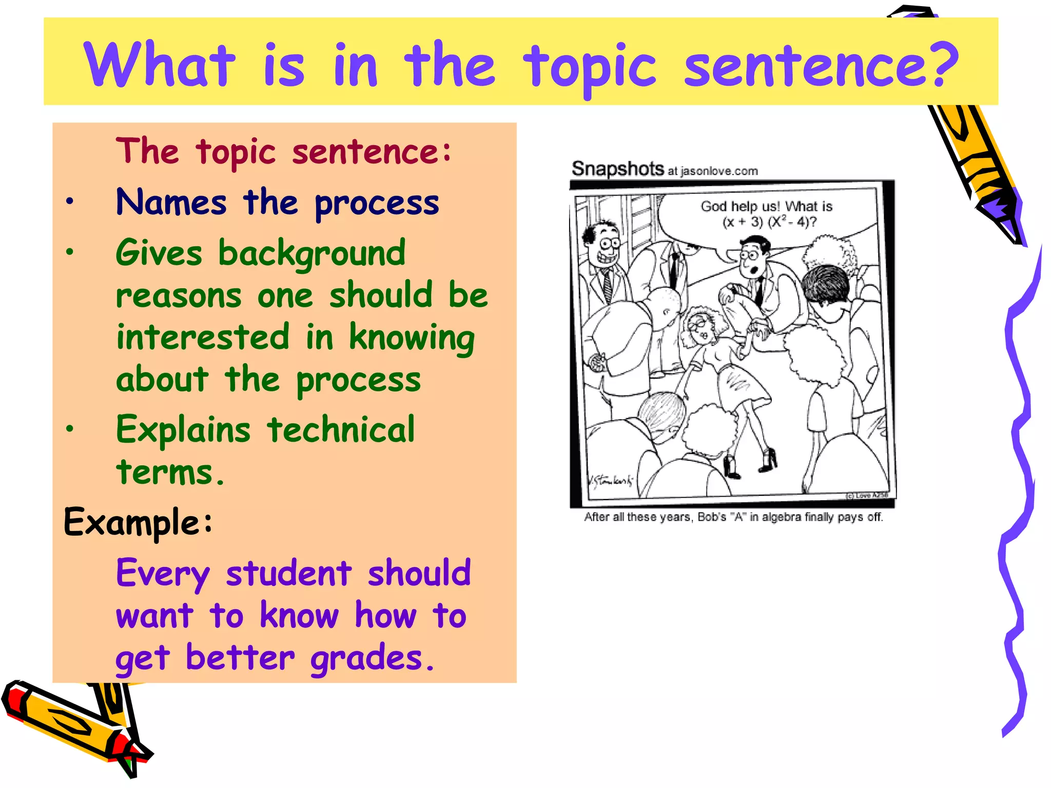 What is in the topic sentence? The topic sentence: Names the process   Gives background reasons one should be interested in knowing about the process Explains technical terms. Example:   Every student should want to know how to get better grades. 