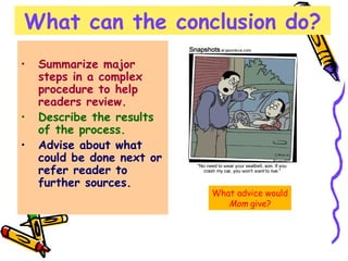What can the conclusion do? Summarize major steps in a complex procedure to help readers review.   Describe the results of the process.   Advise about what could be done next or refer reader to further sources.   What advice would Mom  give? 