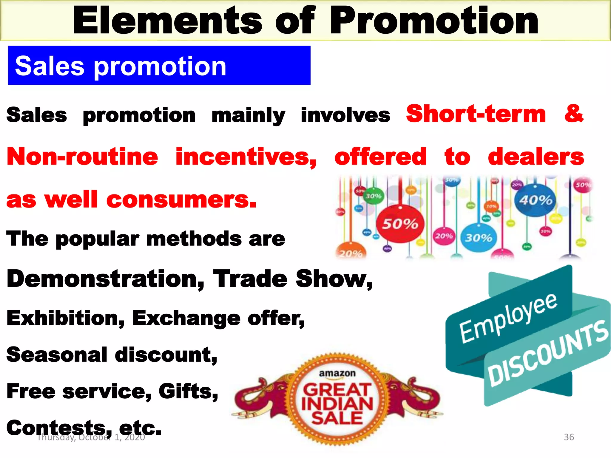 Thursday, October 1, 2020 36
Elements of Promotion
Sales promotion
Sales promotion mainly involves Short-term &
Non-routine incentives, offered to dealers
as well consumers.
The popular methods are
Demonstration, Trade Show,
Exhibition, Exchange offer,
Seasonal discount,
Free service, Gifts,
Contests, etc.
 