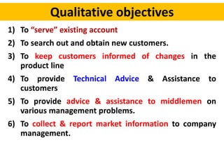 Qualitative objectives
1) To “serve” existing account
2) To search out and obtain new customers.
3) To keep customers informed of changes in the
product line
4) To provide Technical Advice & Assistance to
customers
5) To provide advice & assistance to middlemen on
various management problems.
6) To collect & report market information to company
management.
 