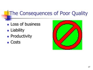 The Consequences of Poor Quality
 Loss of business
 Liability
 Productivity
 Costs
17
 
