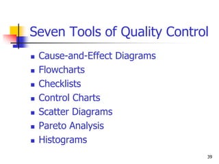 39
Seven Tools of Quality Control
 Cause-and-Effect Diagrams
 Flowcharts
 Checklists
 Control Charts
 Scatter Diagrams
 Pareto Analysis
 Histograms
 