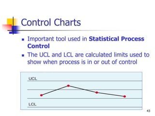43
Control Charts
 Important tool used in Statistical Process
Control
 The UCL and LCL are calculated limits used to
show when process is in or out of control
 