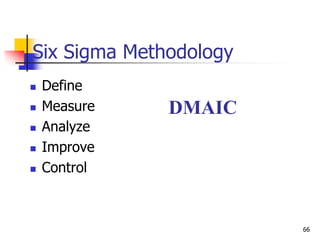 Six Sigma Methodology
 Define
 Measure
 Analyze
 Improve
 Control
DMAIC
66
 
