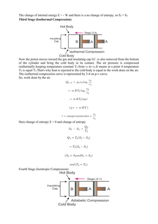 The change of internal energy E = - W and there is a no change of entropy, so S2 = S3.
Third Stage (Isothermal Compression)
Now the piston moves inward the gas and insulating cap I.C. is also removed from the bottom
of the cylinder and bring the cold body in its contact. The air pressure is compressed
isothermally keeping temperature constant T3 from v3 to v4.It means at a point 4 temperature
T4 is equal T3.That's why heat is rejected to the cold body is equal to the work done on the air.
The isothermal compression curve is represented by 3-4 on p-v curve.
So, work done by the air
Here change of entropy E = 0 and change of entropy
Fourth Stage (Isentropic Compression)
 