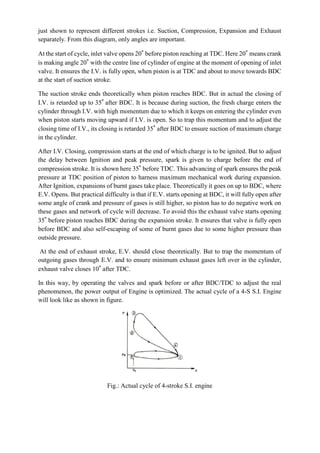 just shown to represent different strokes i.e. Suction, Compression, Expansion and Exhaust
separately. From this diagram, only angles are important.
At the start of cycle, inlet valve opens 20° before piston reaching at TDC. Here 20° means crank
is making angle 20° with the centre line of cylinder of engine at the moment of opening of inlet
valve. It ensures the I.V. is fully open, when piston is at TDC and about to move towards BDC
at the start of suction stroke.
The suction stroke ends theoretically when piston reaches BDC. But in actual the closing of
I.V. is retarded up to 35° after BDC. It is because during suction, the fresh charge enters the
cylinder through I.V. with high momentum due to which it keeps on entering the cylinder even
when piston starts moving upward if I.V. is open. So to trap this momentum and to adjust the
closing time of I.V., its closing is retarded 35° after BDC to ensure suction of maximum charge
in the cylinder.
After I.V. Closing, compression starts at the end of which charge is to be ignited. But to adjust
the delay between Ignition and peak pressure, spark is given to charge before the end of
compression stroke. It is shown here 35° before TDC. This advancing of spark ensures the peak
pressure at TDC position of piston to harness maximum mechanical work during expansion.
After Ignition, expansions of burnt gases take place. Theoretically it goes on up to BDC, where
E.V. Opens. But practical difficulty is that if E.V. starts opening at BDC, it will fully open after
some angle of crank and pressure of gases is still higher, so piston has to do negative work on
these gases and network of cycle will decrease. To avoid this the exhaust valve starts opening
35° before piston reaches BDC during the expansion stroke. It ensures that valve is fully open
before BDC and also self-escaping of some of burnt gases due to some higher pressure than
outside pressure.
At the end of exhaust stroke, E.V. should close theoretically. But to trap the momentum of
outgoing gases through E.V. and to ensure minimum exhaust gases left over in the cylinder,
exhaust valve closes 10° after TDC.
In this way, by operating the valves and spark before or after BDC/TDC to adjust the real
phenomenon, the power output of Engine is optimized. The actual cycle of a 4-S S.I. Engine
will look like as shown in figure.
Fig.: Actual cycle of 4-stroke S.I. engine
 