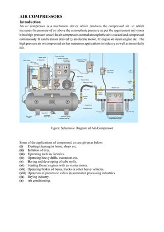 AIR COMPRESSORS
Introduction
An air compressor is a mechanical device which produces the compressed air i.e. which
increases the pressure of air above the atmospheric pressure as per the requirement and stores
it in a high pressure vessel. In air compressor, normal atmospheric air is sucked and compressed
continuously. It can be run or derived by an electric motor, IC engine or steam engine etc. The
high pressure air or compressed air has numerous applications in industry as well as in our daily
life.
Figure: Schematic Diagram of Air-Compressor
Some of the applications of compressed air are given as below:
(i) Dusting/cleaning in home, shops etc.
(ii) Inflation of tires.
(iii) Operating tools in factories.
(iv) Operating heavy drills, execrators etc.
(v) Boring and developing of tube wells.
(vi) Starting Diesel engines with air starter motor.
(vii) Operating brakes of buses, trucks or other heavy vehicles.
(viii) Operation of pneumatic valves in automated processing industries
(ix) Drying industry.
(x) Air conditioning.
 