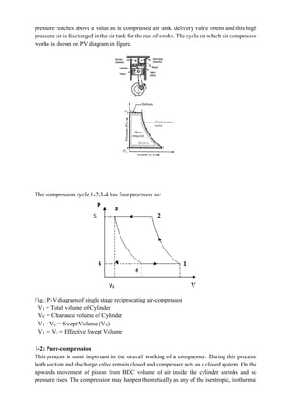 pressure reaches above a value as in compressed air tank, delivery valve opens and this high
pressure air is discharged in the air tank for the rest of stroke. The cycle on which air compressor
works is shown on PV diagram in figure.
The compression cycle 1-2-3-4 has four processes as:
Fig.: P-V diagram of single stage reciprocating air-compressor
V1 = Total volume of Cylinder
VC = Clearance volume of Cylinder
V1 - VC = Swept Volume (VS)
V1 − V4 = Effective Swept Volume
1-2: Pure-compression
This process is most important in the overall working of a compressor. During this process,
both suction and discharge valve remain closed and compressor acts as a closed system. On the
upwards movement of piston from BDC volume of air inside the cylinder shrinks and so
pressure rises. The compression may happen theoretically as any of the isentropic, isothermal
 