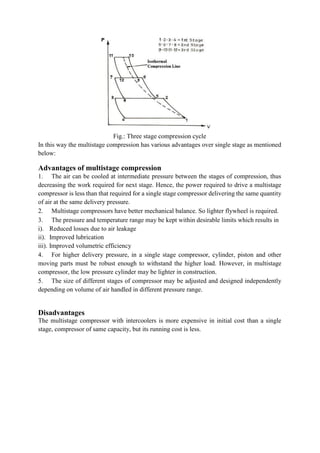 Fig.: Three stage compression cycle
In this way the multistage compression has various advantages over single stage as mentioned
below:
Advantages of multistage compression
 The air can be cooled at intermediate pressure between the stages of compression, thus
decreasing the work required for next stage. Hence, the power required to drive a multistage
compressor is less than that required for a single stage compressor delivering the same quantity
of air at the same delivery pressure.
 Multistage compressors have better mechanical balance. So lighter flywheel is required.
 The pressure and temperature range may be kept within desirable limits which results in
i). Reduced losses due to air leakage
ii). Improved lubrication
iii). Improved volumetric efficiency
 For higher delivery pressure, in a single stage compressor, cylinder, piston and other
moving parts must be robust enough to withstand the higher load. However, in multistage
compressor, the low pressure cylinder may be lighter in construction.
 The size of different stages of compressor may be adjusted and designed independently
depending on volume of air handled in different pressure range.
Disadvantages
The multistage compressor with intercoolers is more expensive in initial cost than a single
stage, compressor of same capacity, but its running cost is less.
 