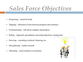  Prospecting – search for leads
 Targeting – allocation of time between prospects and customers
 Communicating – info about company and products
 Selling – Approach, presentation, answering objections, closing sales
 Servicing – consulting, technical, financing, etc.
 Info gathering – market research
 Allocating – scarce products to customers.
 