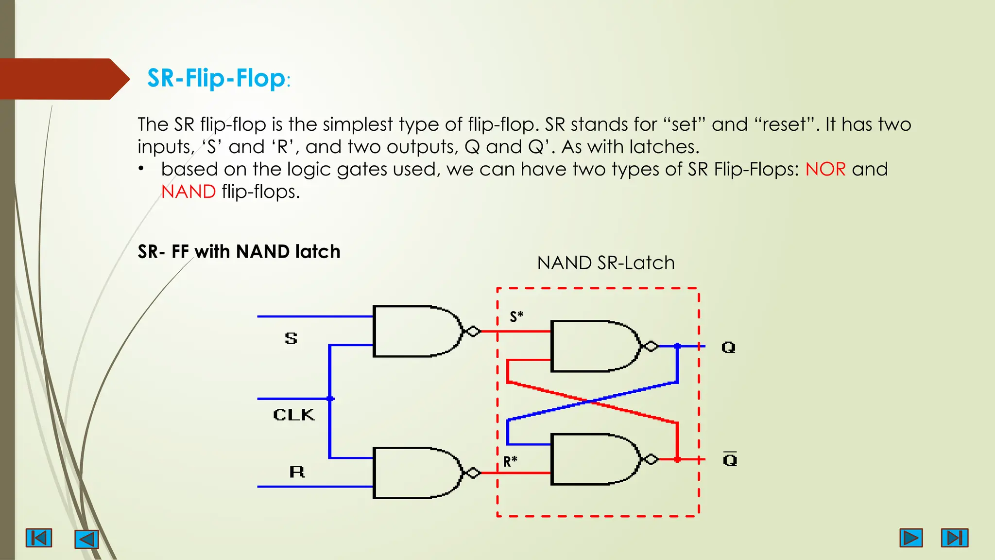 SR-Flip-Flop:
The SR flip-flop is the simplest type of flip-flop. SR stands for “set” and “reset”. It has two
inputs, ‘S’ and ‘R’, and two outputs, Q and Q’. As with latches.
• based on the logic gates used, we can have two types of SR Flip-Flops: NOR and
NAND flip-flops.
SR- FF with NAND latch
NAND SR-Latch
R*
S*
 