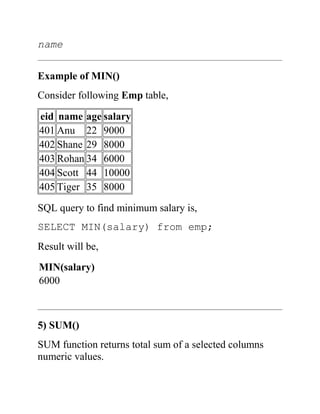 name
Example of MIN()
Consider following Emp table,
eid name age salary
401 Anu 22 9000
402 Shane 29 8000
403 Rohan 34 6000
404 Scott 44 10000
405 Tiger 35 8000
SQL query to find minimum salary is,
SELECT MIN(salary) from emp;
Result will be,
MIN(salary)
6000
5) SUM()
SUM function returns total sum of a selected columns
numeric values.
 