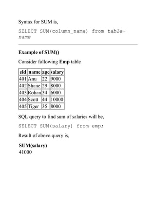 Syntax for SUM is,
SELECT SUM(column_name) from table-
name
Example of SUM()
Consider following Emp table
eid name age salary
401 Anu 22 9000
402 Shane 29 8000
403 Rohan 34 6000
404 Scott 44 10000
405 Tiger 35 8000
SQL query to find sum of salaries will be,
SELECT SUM(salary) from emp;
Result of above query is,
SUM(salary)
41000
 