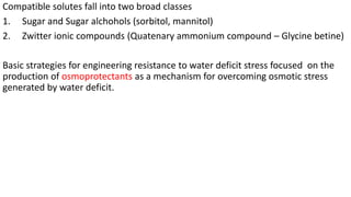 Compatible solutes fall into two broad classes
1. Sugar and Sugar alchohols (sorbitol, mannitol)
2. Zwitter ionic compounds (Quatenary ammonium compound – Glycine betine)
Basic strategies for engineering resistance to water deficit stress focused on the
production of osmoprotectants as a mechanism for overcoming osmotic stress
generated by water deficit.
 