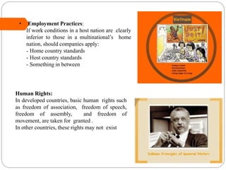 • Employment Practices:
If work conditions in a host nation are clearly
inferior to those in a multinational’s home
nation, should companies apply:
- Home country standards
- Host country standards
- Something in between
Human Rights:
In developed countries, basic human rights such
as freedom of association, freedom of speech,
freedom of assembly, and freedom of
movement, are taken for granted .
In other countries, these rights may not exist
 