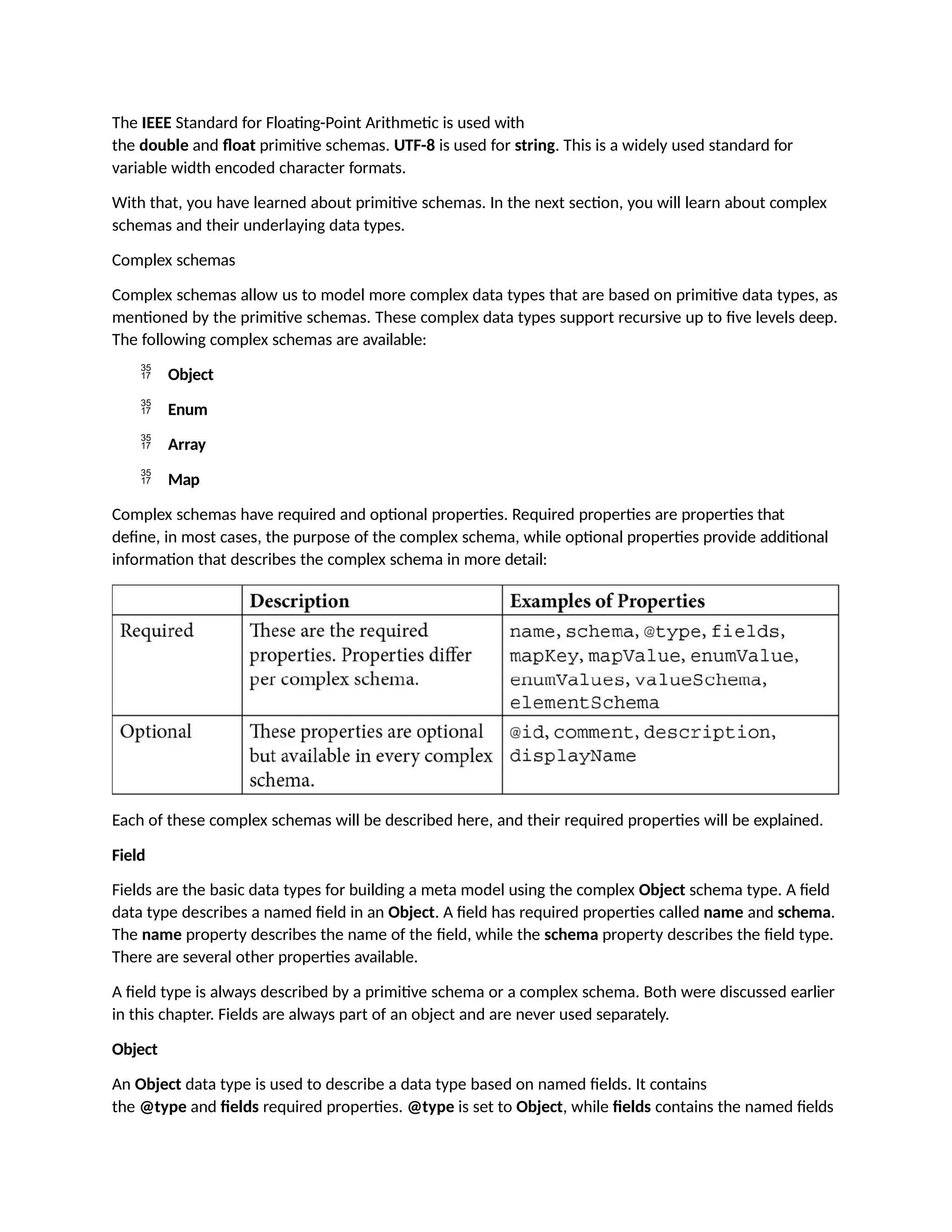 The IEEE Standard for Floating-Point Arithmetic is used with
the double and float primitive schemas. UTF-8 is used for string. This is a widely used standard for
variable width encoded character formats.
With that, you have learned about primitive schemas. In the next section, you will learn about complex
schemas and their underlaying data types.
Complex schemas
Complex schemas allow us to model more complex data types that are based on primitive data types, as
mentioned by the primitive schemas. These complex data types support recursive up to five levels deep.
The following complex schemas are available:
 Object
 Enum
 Array
 Map
Complex schemas have required and optional properties. Required properties are properties that
define, in most cases, the purpose of the complex schema, while optional properties provide additional
information that describes the complex schema in more detail:
Each of these complex schemas will be described here, and their required properties will be explained.
Field
Fields are the basic data types for building a meta model using the complex Object schema type. A field
data type describes a named field in an Object. A field has required properties called name and schema.
The name property describes the name of the field, while the schema property describes the field type.
There are several other properties available.
A field type is always described by a primitive schema or a complex schema. Both were discussed earlier
in this chapter. Fields are always part of an object and are never used separately.
Object
An Object data type is used to describe a data type based on named fields. It contains
the @type and fields required properties. @type is set to Object, while fields contains the named fields
 
