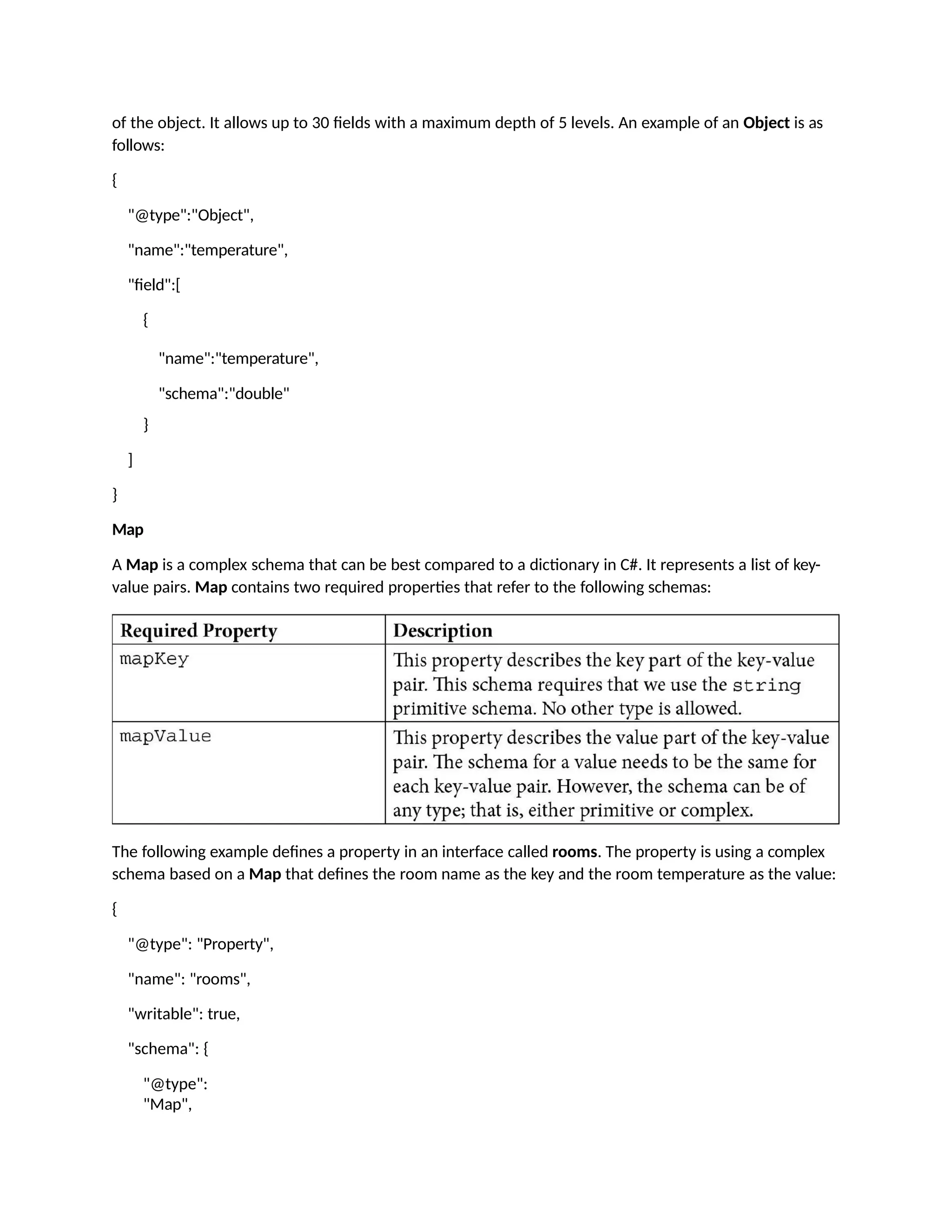 of the object. It allows up to 30 fields with a maximum depth of 5 levels. An example of an Object is as
follows:
{
"@type":"Object",
"name":"temperature",
"field":[
{
"name":"temperature",
"schema":"double"
}
]
}
Map
A Map is a complex schema that can be best compared to a dictionary in C#. It represents a list of key-
value pairs. Map contains two required properties that refer to the following schemas:
The following example defines a property in an interface called rooms. The property is using a complex
schema based on a Map that defines the room name as the key and the room temperature as the value:
{
"@type": "Property",
"name": "rooms",
"writable": true,
"schema": {
"@type":
"Map",
 
