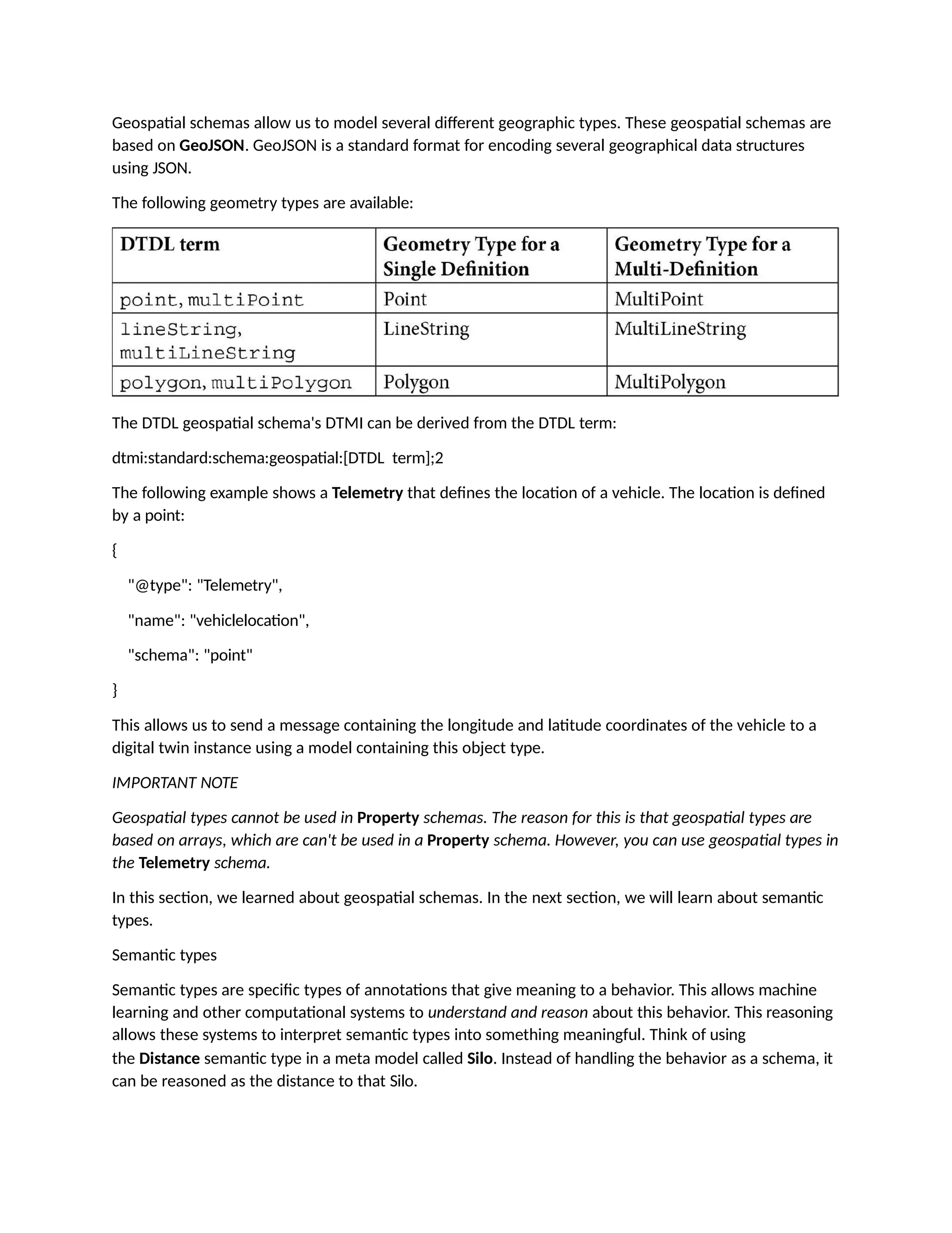 Geospatial schemas allow us to model several different geographic types. These geospatial schemas are
based on GeoJSON. GeoJSON is a standard format for encoding several geographical data structures
using JSON.
The following geometry types are available:
The DTDL geospatial schema's DTMI can be derived from the DTDL term:
dtmi:standard:schema:geospatial:[DTDL term];2
The following example shows a Telemetry that defines the location of a vehicle. The location is defined
by a point:
{
"@type": "Telemetry",
"name": "vehiclelocation",
"schema": "point"
}
This allows us to send a message containing the longitude and latitude coordinates of the vehicle to a
digital twin instance using a model containing this object type.
IMPORTANT NOTE
Geospatial types cannot be used in Property schemas. The reason for this is that geospatial types are
based on arrays, which are can't be used in a Property schema. However, you can use geospatial types in
the Telemetry schema.
In this section, we learned about geospatial schemas. In the next section, we will learn about semantic
types.
Semantic types
Semantic types are specific types of annotations that give meaning to a behavior. This allows machine
learning and other computational systems to understand and reason about this behavior. This reasoning
allows these systems to interpret semantic types into something meaningful. Think of using
the Distance semantic type in a meta model called Silo. Instead of handling the behavior as a schema, it
can be reasoned as the distance to that Silo.
 