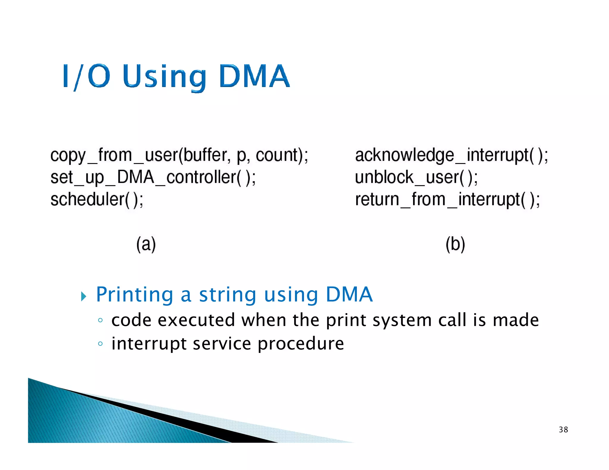 Printing a string using DMA
◦ code executed when the print system call is made
◦ interrupt service procedure
38
 