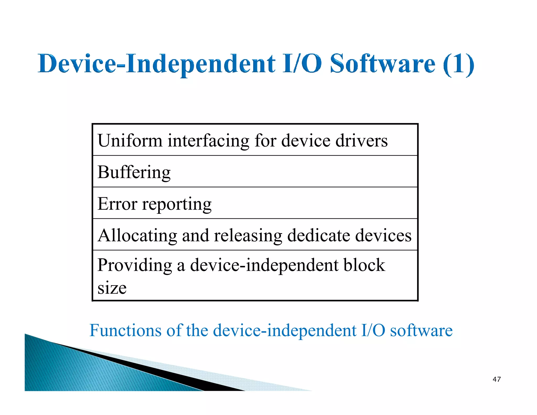 Uniform interfacing for device drivers
Buffering
Error reporting
Functions of the device-independent I/O software
47
Error reporting
Allocating and releasing dedicate devices
Providing a device-independent block
size
 