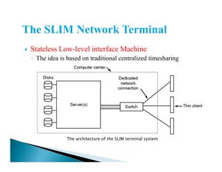 Stateless Low-level interface Machine
◦ The idea is based on traditional centralized timesharing
The architecture of the SLIM terminal system
 