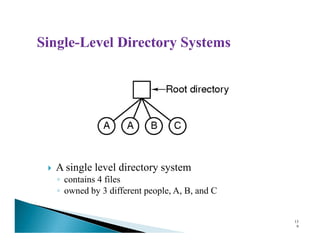 A single level directory system
◦ contains 4 files
◦ owned by 3 different people, A, B, and C
13
9
 