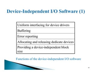 Uniform interfacing for device drivers
Buffering
Error reporting
Functions of the device-independent I/O software
47
Error reporting
Allocating and releasing dedicate devices
Providing a device-independent block
size
 