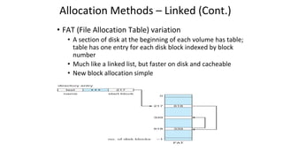 Allocation Methods – Linked (Cont.)
• FAT (File Allocation Table) variation
• A section of disk at the beginning of each volume has table;
table has one entry for each disk block indexed by block
number
• Much like a linked list, but faster on disk and cacheable
• New block allocation simple
 