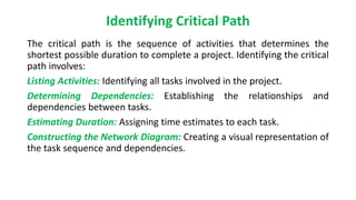 Identifying Critical Path
The critical path is the sequence of activities that determines the
shortest possible duration to complete a project. Identifying the critical
path involves:
Listing Activities: Identifying all tasks involved in the project.
Determining Dependencies: Establishing the relationships and
dependencies between tasks.
Estimating Duration: Assigning time estimates to each task.
Constructing the Network Diagram: Creating a visual representation of
the task sequence and dependencies.
 