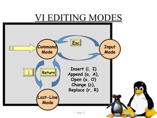  Page 17
VI EDITING MODES
Command
Mode
Input
Mode
Last-Line
Mode
Insert (i, I)
Append (a, A),
Open (o, O)
Change (c),
Replace (r, R)
Esc
Return
:
 