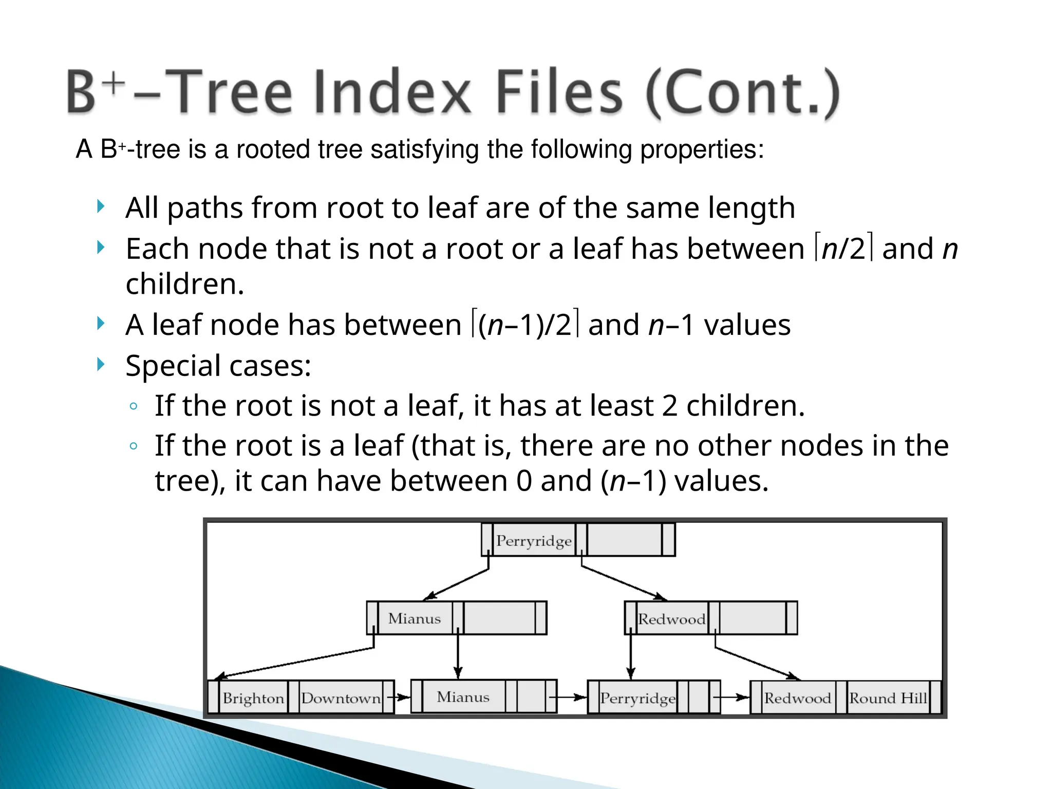  All paths from root to leaf are of the same length
 Each node that is not a root or a leaf has between n/2 and n
children.
 A leaf node has between (n–1)/2 and n–1 values
 Special cases:
◦ If the root is not a leaf, it has at least 2 children.
◦ If the root is a leaf (that is, there are no other nodes in the
tree), it can have between 0 and (n–1) values.
A B+
-tree is a rooted tree satisfying the following properties:
 