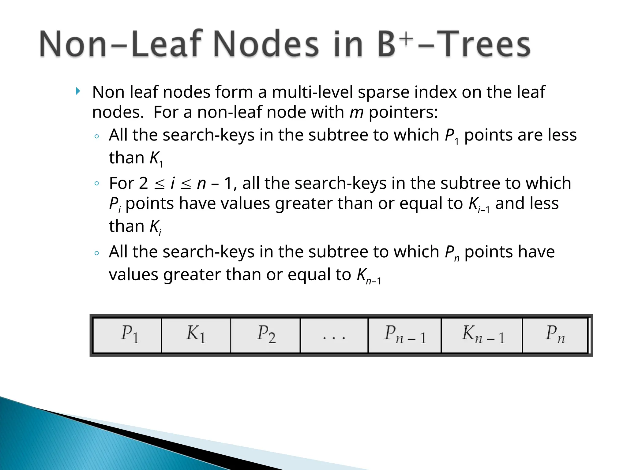  Non leaf nodes form a multi-level sparse index on the leaf
nodes. For a non-leaf node with m pointers:
◦ All the search-keys in the subtree to which P1 points are less
than K1
◦ For 2  i  n – 1, all the search-keys in the subtree to which
Pi points have values greater than or equal to Ki–1 and less
than Ki
◦ All the search-keys in the subtree to which Pn points have
values greater than or equal to Kn–1
 