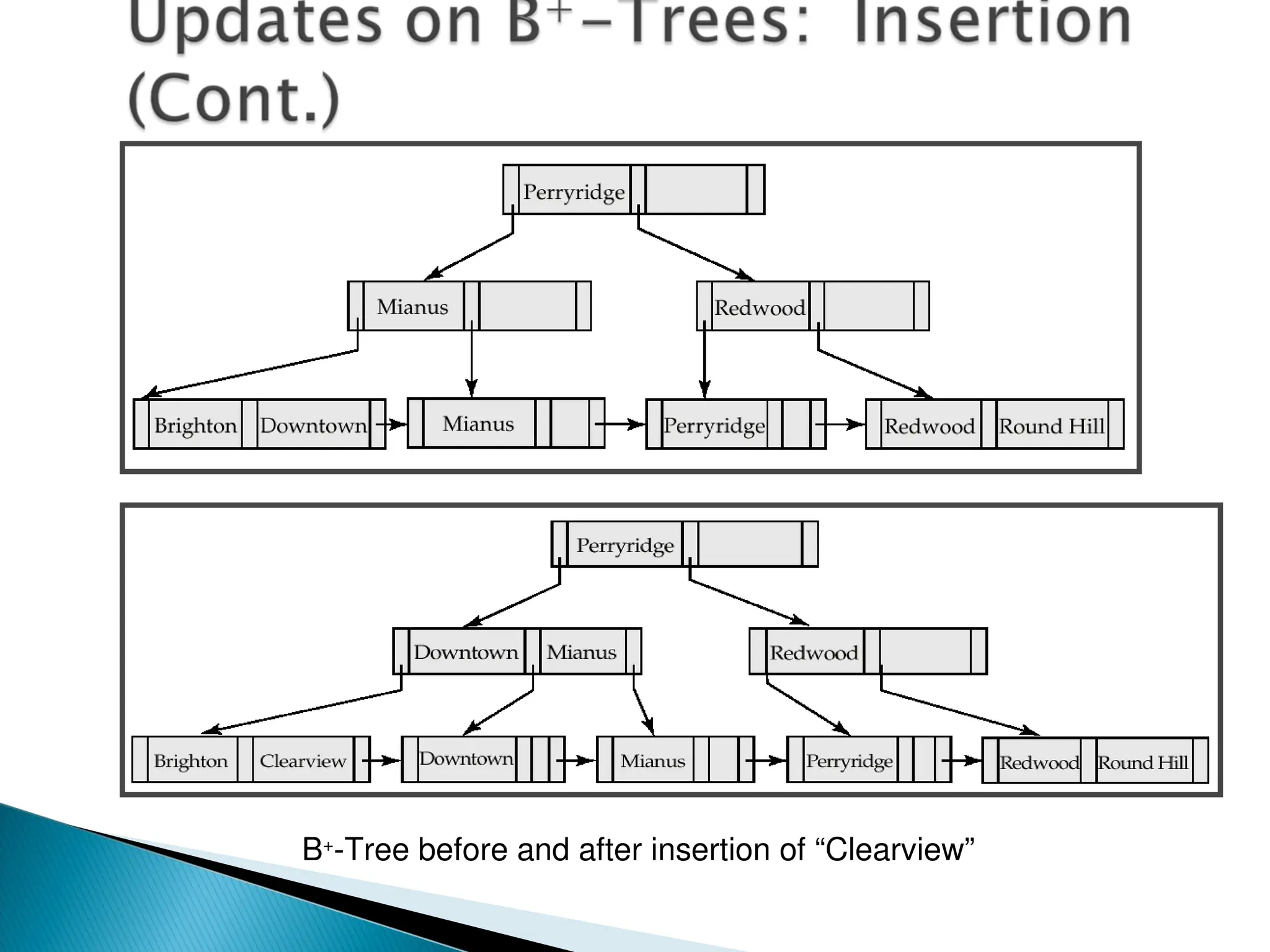 B+
-Tree before and after insertion of “Clearview”
 