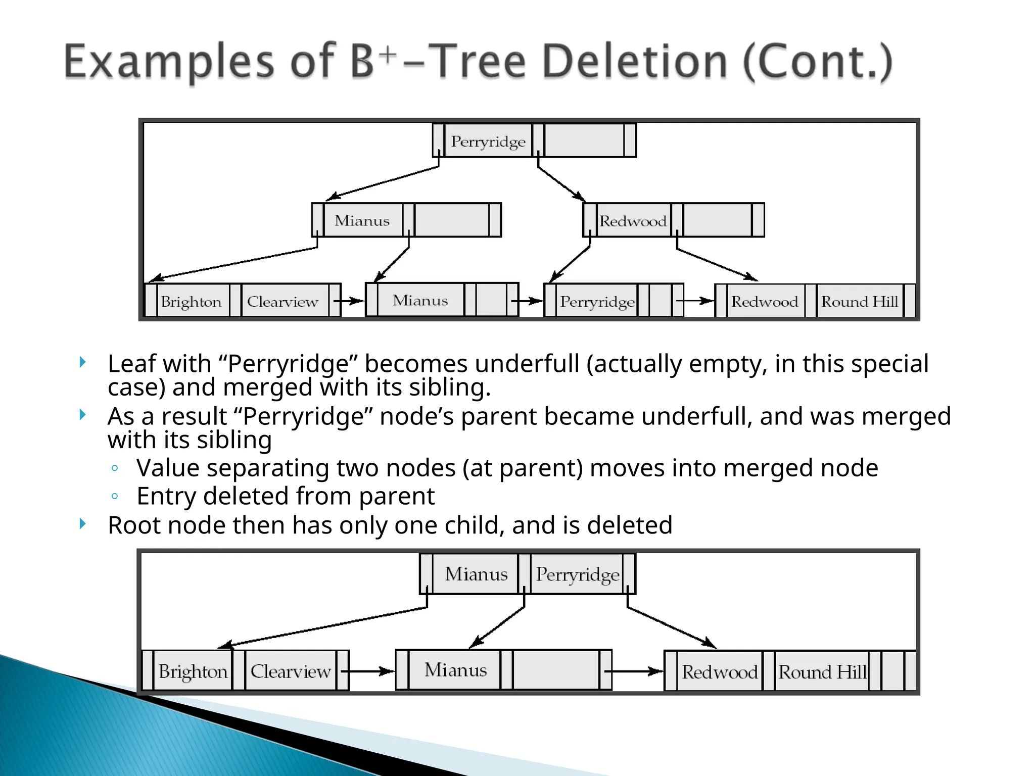  Leaf with “Perryridge” becomes underfull (actually empty, in this special
case) and merged with its sibling.
 As a result “Perryridge” node’s parent became underfull, and was merged
with its sibling
◦ Value separating two nodes (at parent) moves into merged node
◦ Entry deleted from parent
 Root node then has only one child, and is deleted
 