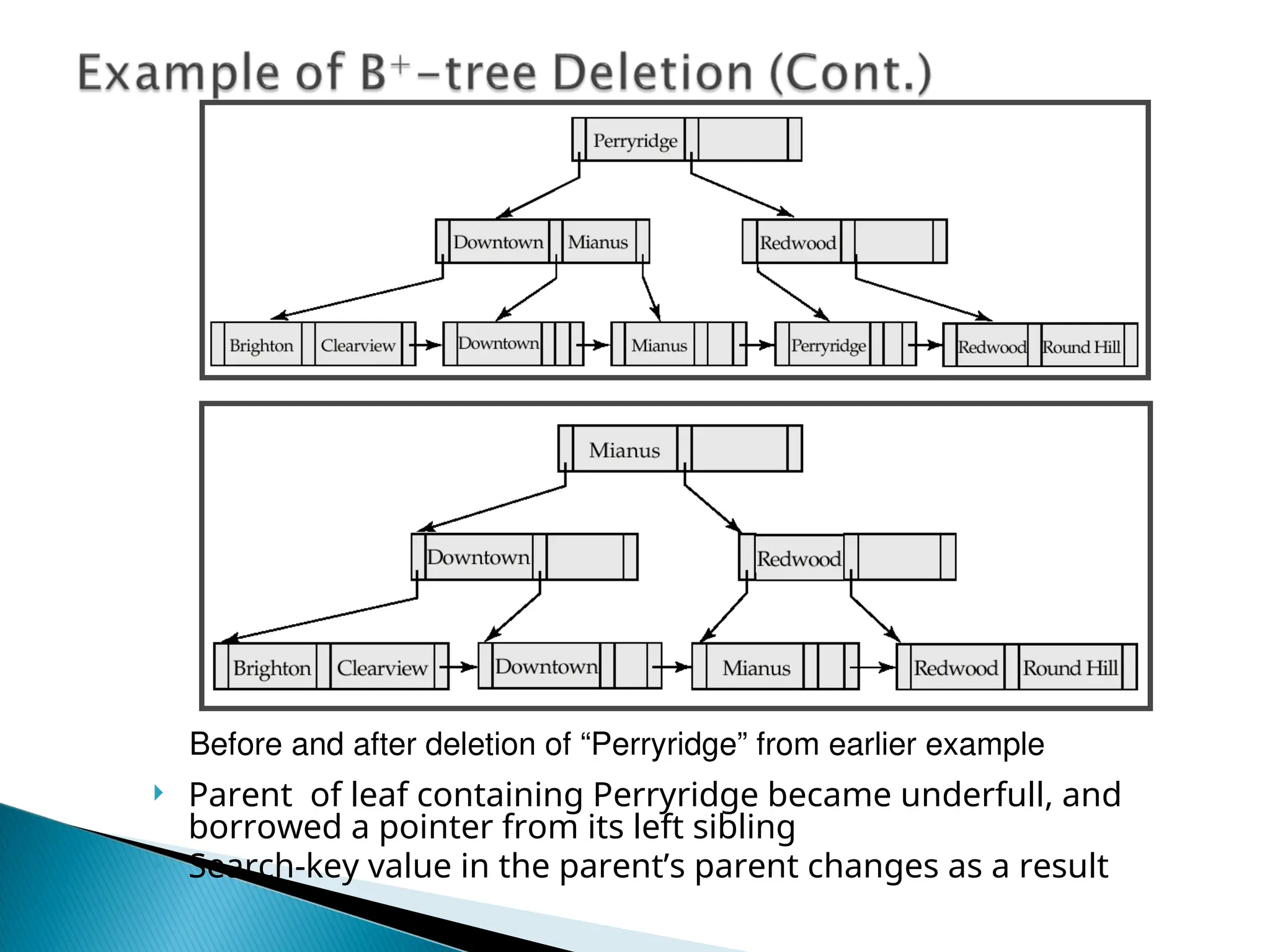  Parent of leaf containing Perryridge became underfull, and
borrowed a pointer from its left sibling
 Search-key value in the parent’s parent changes as a result
Before and after deletion of “Perryridge” from earlier example
 