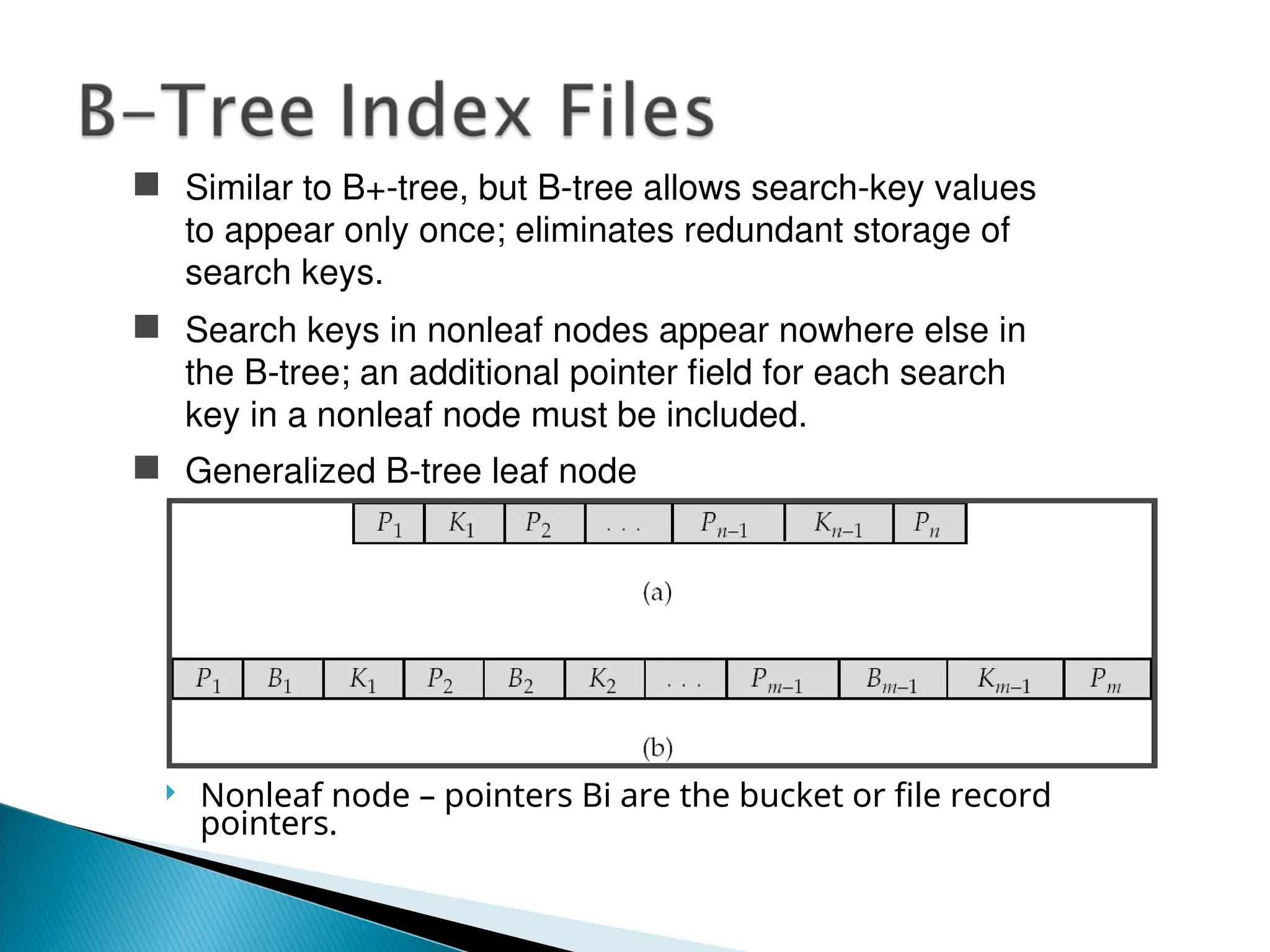 Nonleaf node – pointers Bi are the bucket or file record
pointers.
 Similar to B+-tree, but B-tree allows search-key values
to appear only once; eliminates redundant storage of
search keys.
 Search keys in nonleaf nodes appear nowhere else in
the B-tree; an additional pointer field for each search
key in a nonleaf node must be included.
 Generalized B-tree leaf node
 