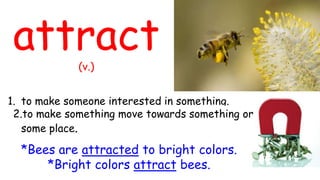 attract(v.)
*Bees are attracted to bright colors.
*Bright colors attract bees.
1. to make someone interested in something.
2.to make something move towards something or
some place.
 