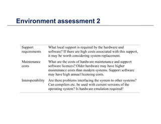 Environment assessment 2Environment assessment 2
Support
requirements
What local support is required by the hardware and
software? If there are high costs associated with this support,
it may be worth considering system replacement.
Maintenance
costs
What are the costs of hardware maintenance and suppo rt
software licences? Older hardware may have higher
maintenance costs than modern systems Support softwaremaintenance costs than modern systems. Support software
may have high annual licensing costs.
Interoperability Are there problems interfacing the system to other systems?
Can compilers etc. be used with current versions of theCan compilers etc. be used with current versions of the
operating system? Is hardware emulation required?
 