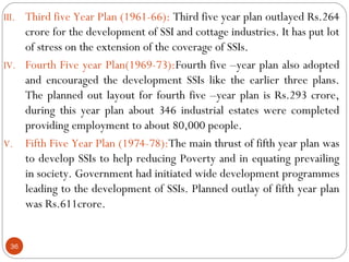 III. Third five Year Plan (1961-66): Third five year plan outlayed Rs.264 
36 
crore for the development of SSI and cottag...