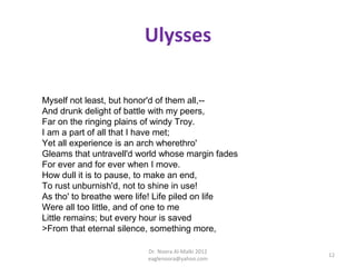 Ulysses

Myself not least, but honor'd of them all,--
And drunk delight of battle with my peers,
Far on the ringing plains of windy Troy.
I am a part of all that I have met;
Yet all experience is an arch wherethro'
Gleams that untravell'd world whose margin fades
For ever and for ever when I move.
How dull it is to pause, to make an end,
To rust unburnish'd, not to shine in use!
As tho' to breathe were life! Life piled on life
Were all too little, and of one to me
Little remains; but every hour is saved
>From that eternal silence, something more,

                          Dr. Noora Al-Malki 2012
                                                    12
                          eaglenoora@yahoo.com
 