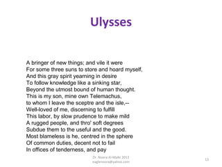 Ulysses

A bringer of new things; and vile it were
For some three suns to store and hoard myself,
And this gray spirit yearning in desire
To follow knowledge like a sinking star,
Beyond the utmost bound of human thought.
This is my son, mine own Telemachus,
to whom I leave the sceptre and the isle,--
Well-loved of me, discerning to fulfill
This labor, by slow prudence to make mild
A rugged people, and thro' soft degrees
Subdue them to the useful and the good.
Most blameless is he, centred in the sphere
Of common duties, decent not to fail
In offices of tenderness, and pay
                          Dr. Noora Al-Malki 2012
                                                    13
                          eaglenoora@yahoo.com
 
